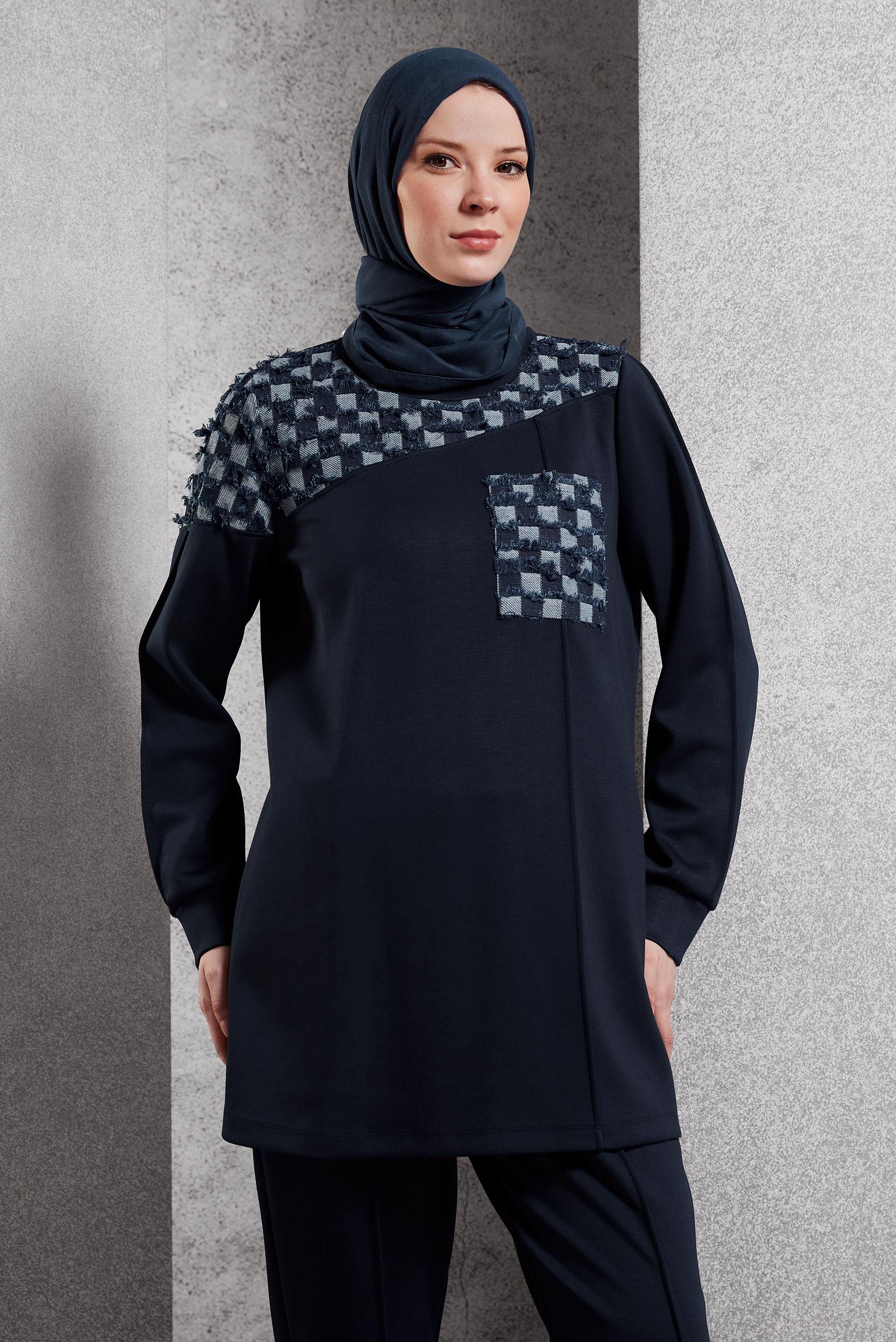 Tesettür giyim LACİVERT DESENLİ PANTOLONLU TAKIM 45158