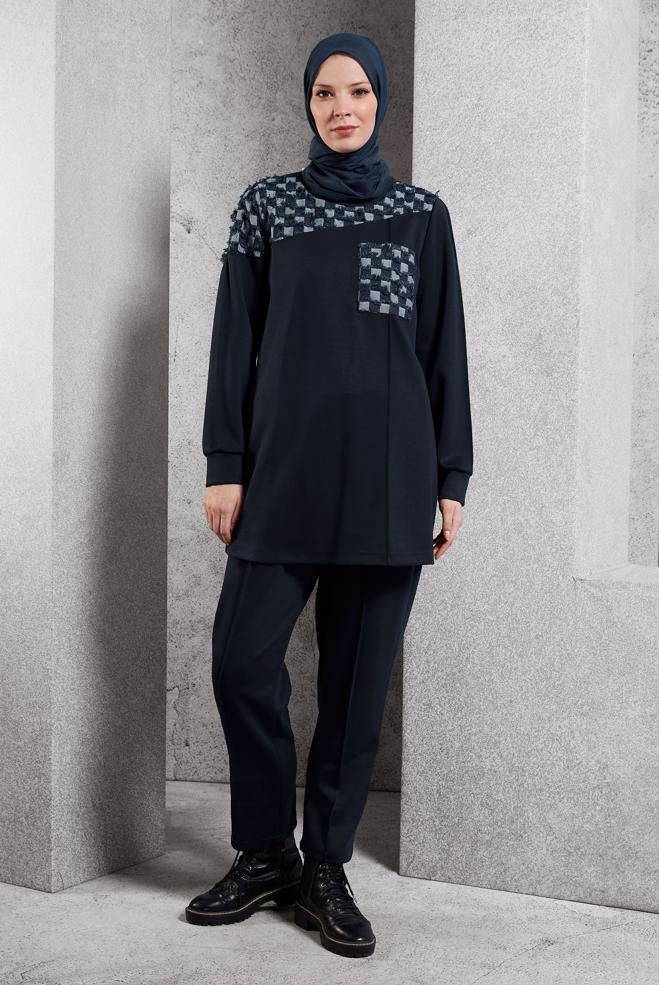 Tesettür giyim LACİVERT DESENLİ PANTOLONLU TAKIM 45158 - ALVİNA