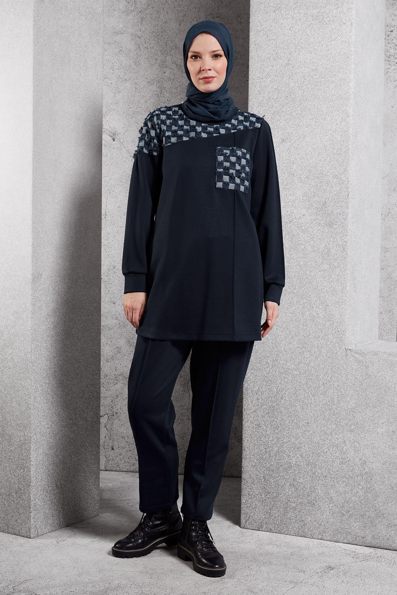 Tesettür giyim LACİVERT DESENLİ PANTOLONLU TAKIM 45158