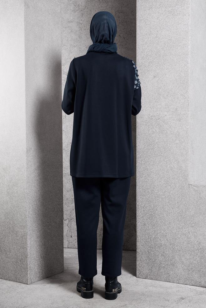 Tesettür giyim LACİVERT DESENLİ PANTOLONLU TAKIM 45158 - ALVİNA