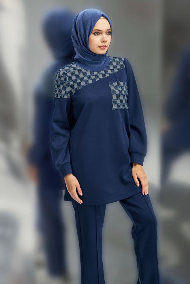 Tesettür giyim LACİVERT DESENLİ PANTOLONLU TAKIM 45158 - ALVİNA