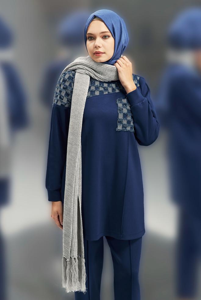 Tesettür giyim LACİVERT DESENLİ PANTOLONLU TAKIM 45158 - ALVİNA