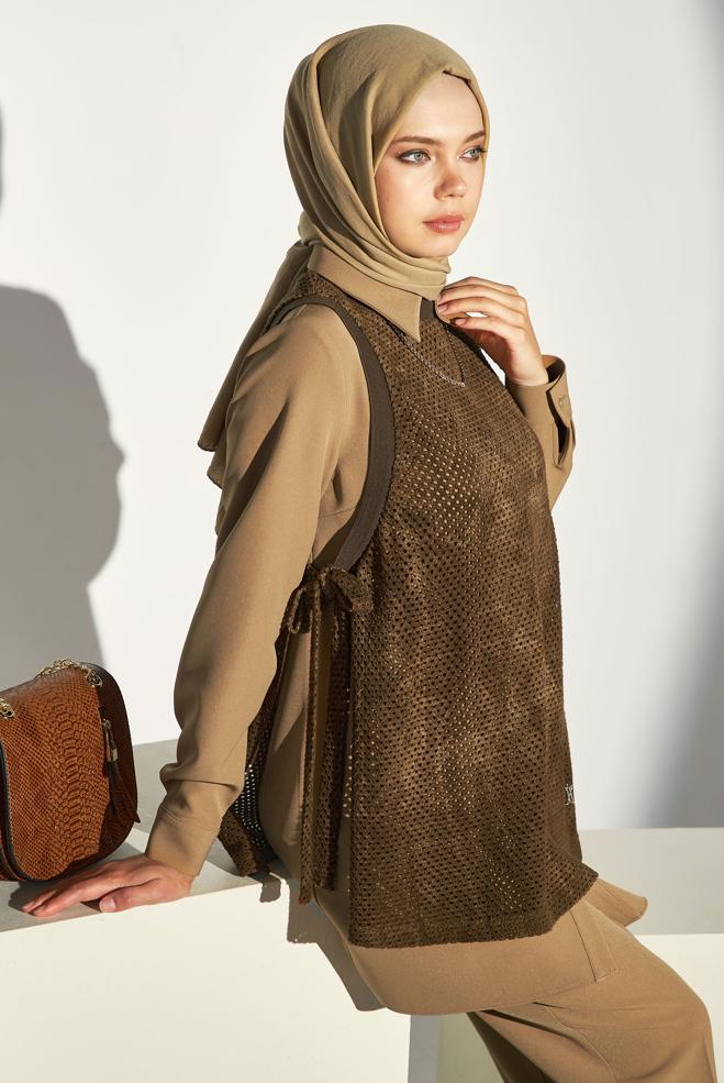 Hijab clothing BEIGE THREE-PIECES PANTS SUIT 45162 - ALVİNA