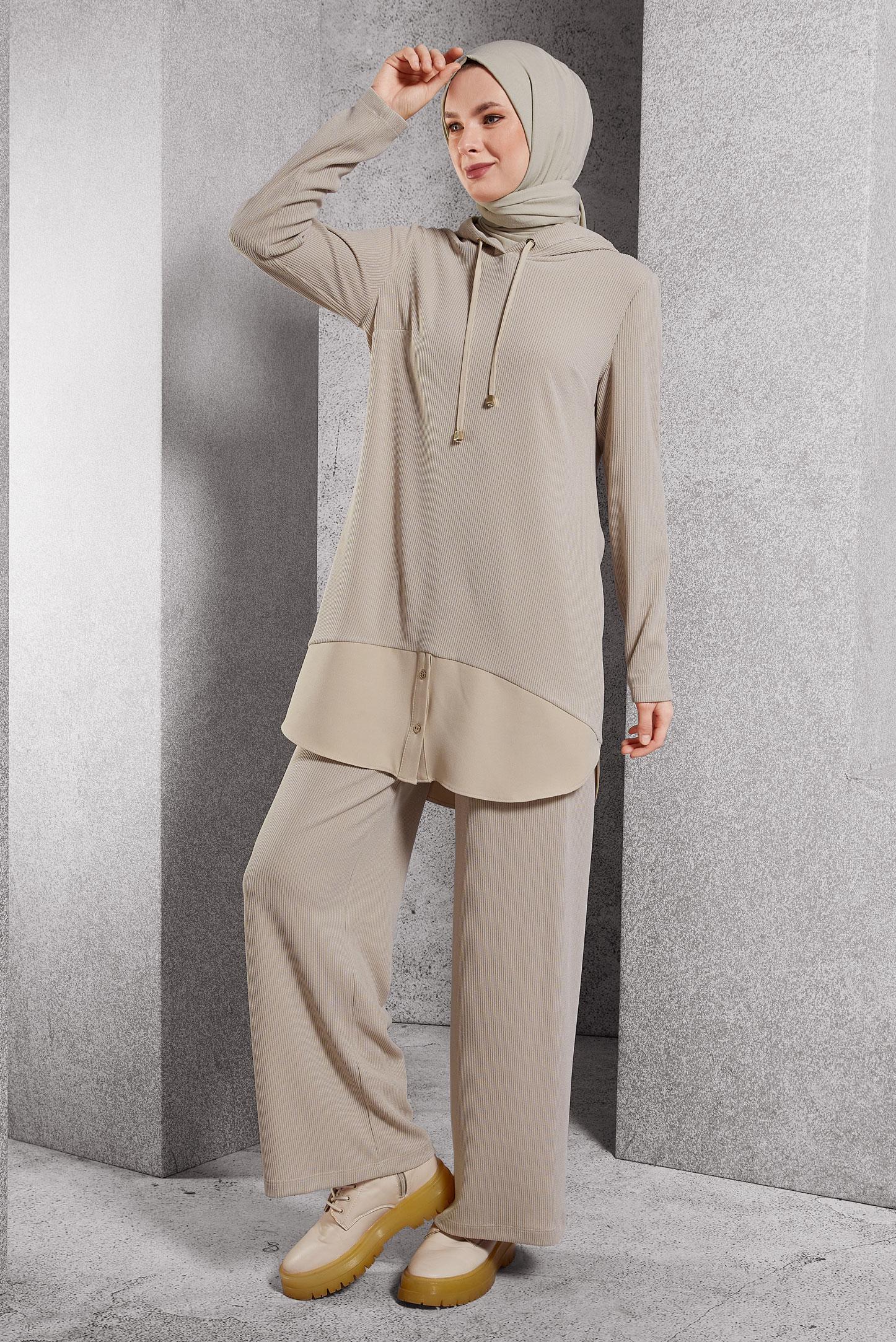 Tesettür giyim BEJ KAPÜŞONLU PANTOLONLU TAKIM 45169