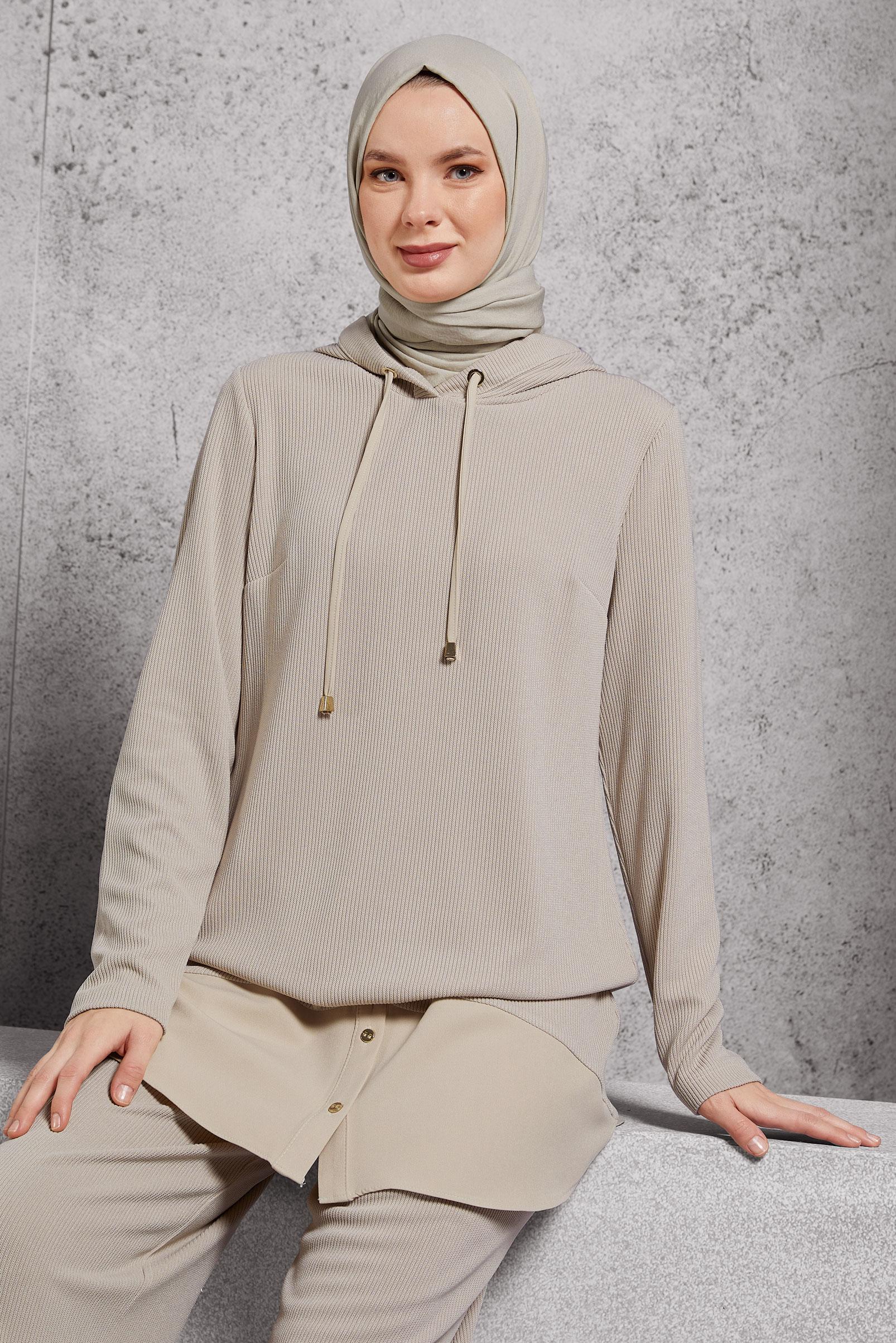 Tesettür giyim BEJ KAPÜŞONLU PANTOLONLU TAKIM 45169