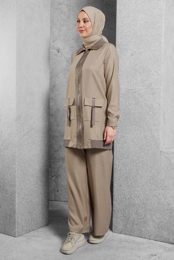 Hijab clothing BEIGE ZIPPERED PANTS SUIT 45174 - ALVİNA