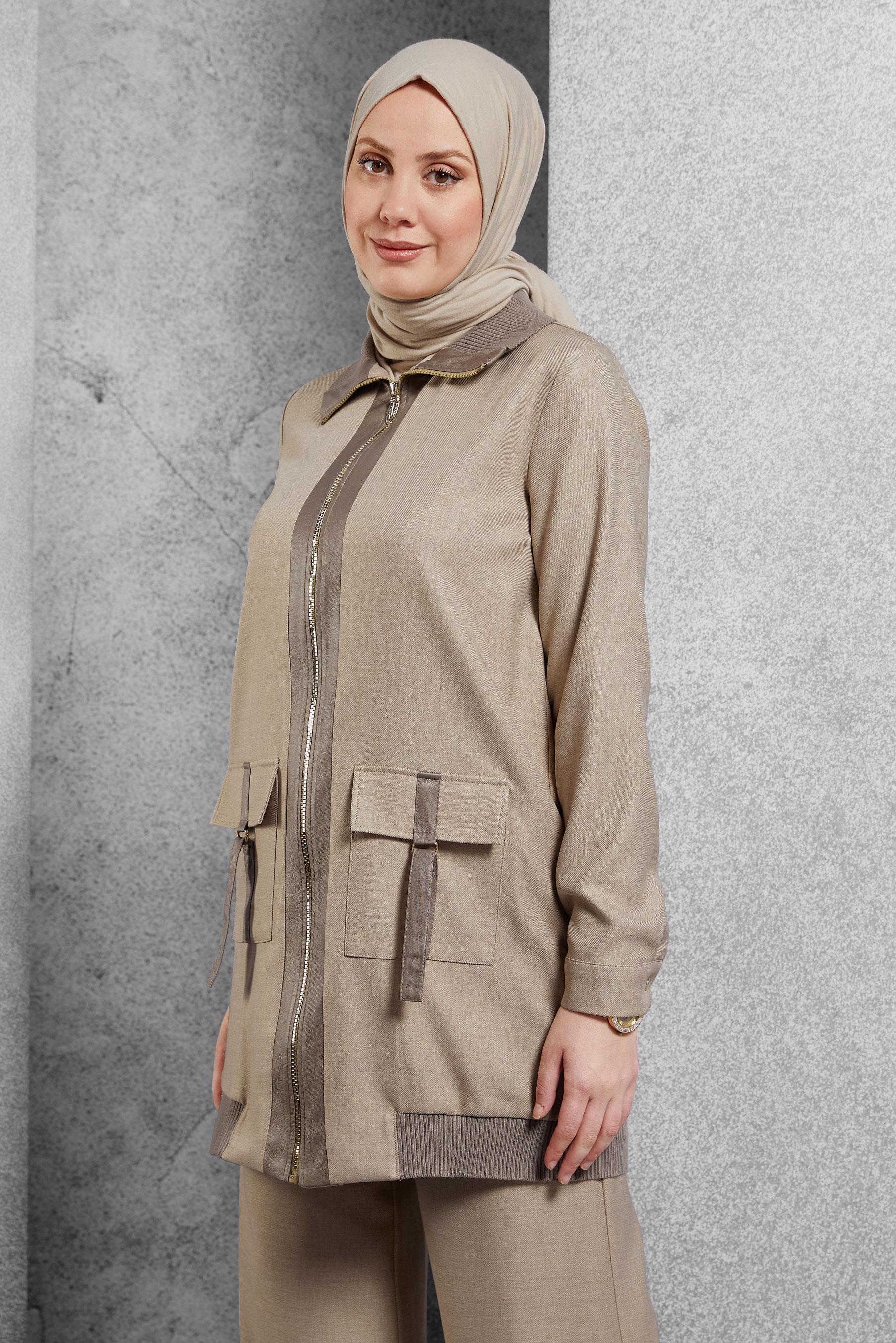 Tesettür giyim BEJ FERMUARLI PANTOLONLU TAKIM 45174