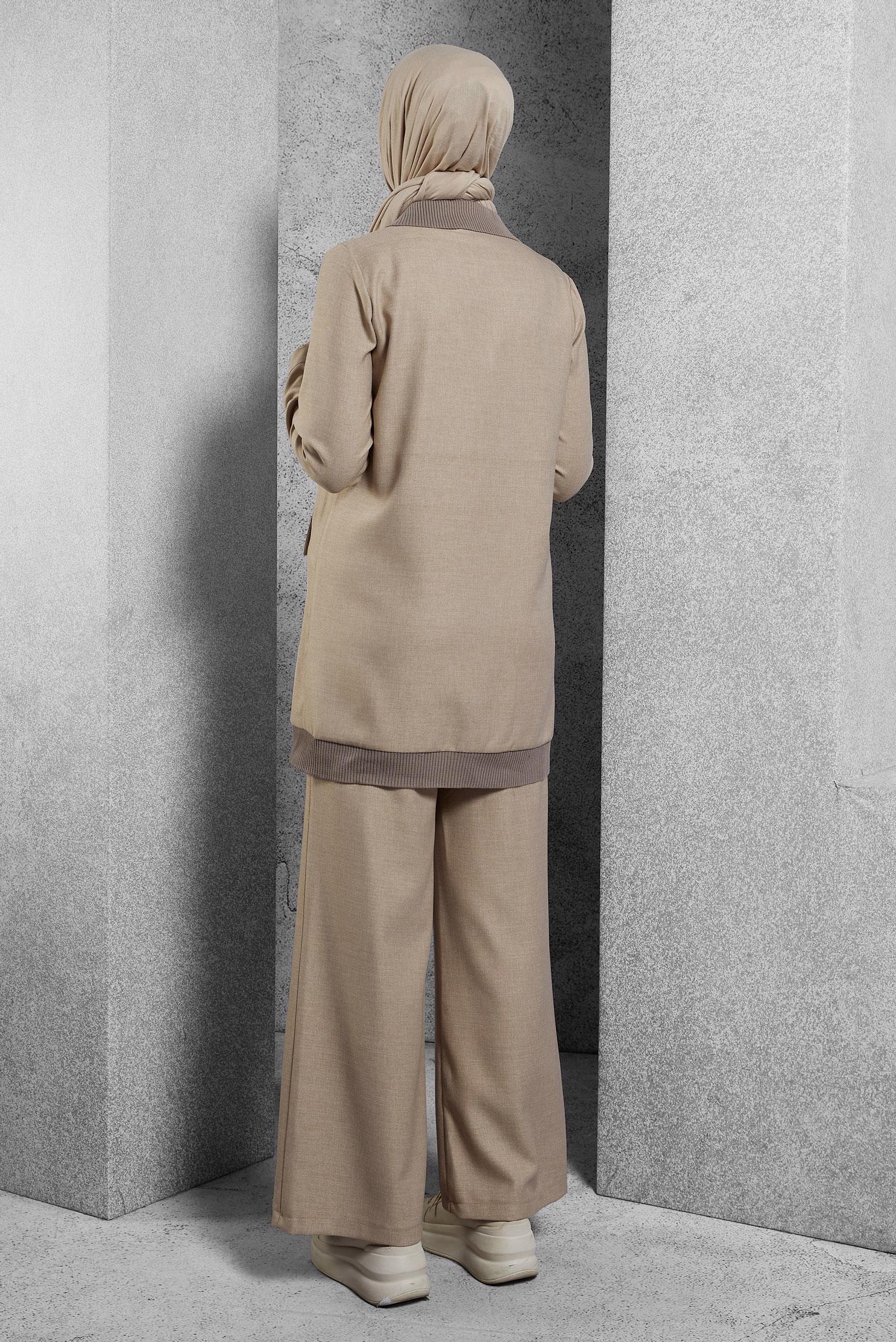 Tesettür giyim BEJ FERMUARLI PANTOLONLU TAKIM 45174