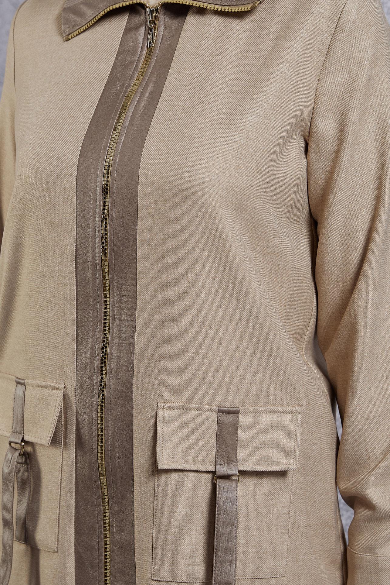 Tesettür giyim BEJ FERMUARLI PANTOLONLU TAKIM 45174