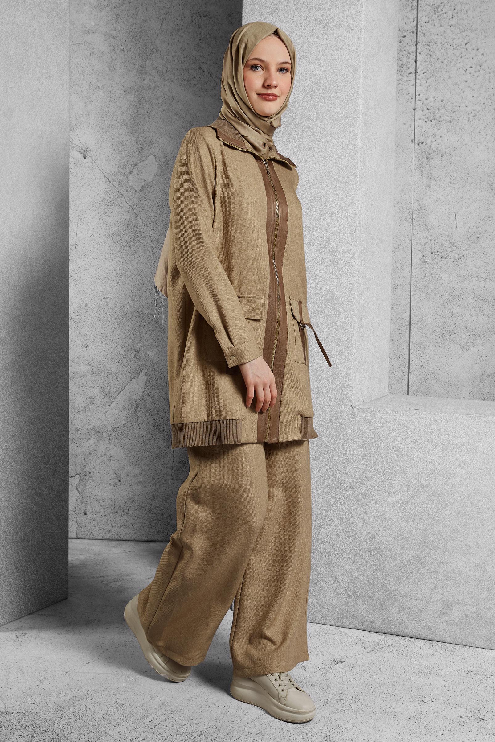 Tesettür giyim KAHVE FERMUARLI PANTOLONLU TAKIM 45174
