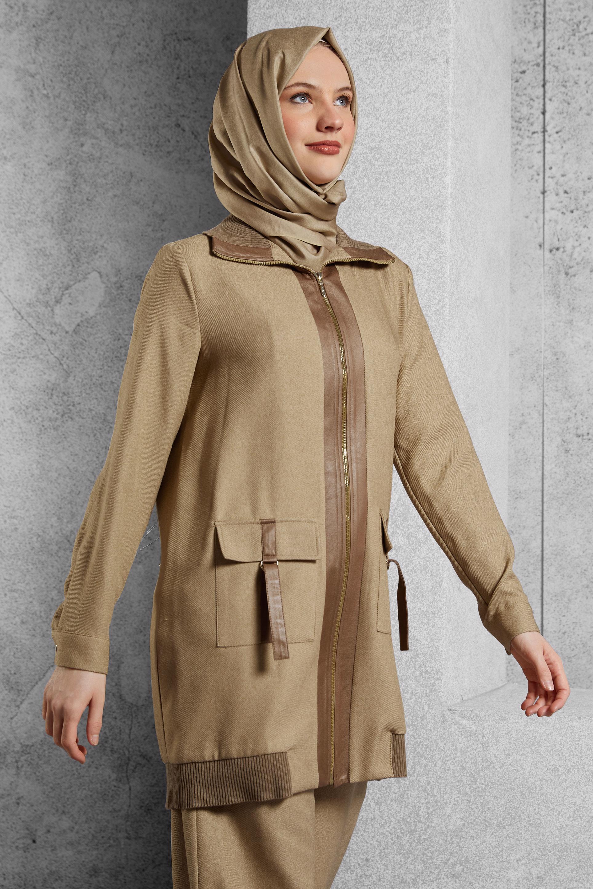 Tesettür giyim KAHVE FERMUARLI PANTOLONLU TAKIM 45174