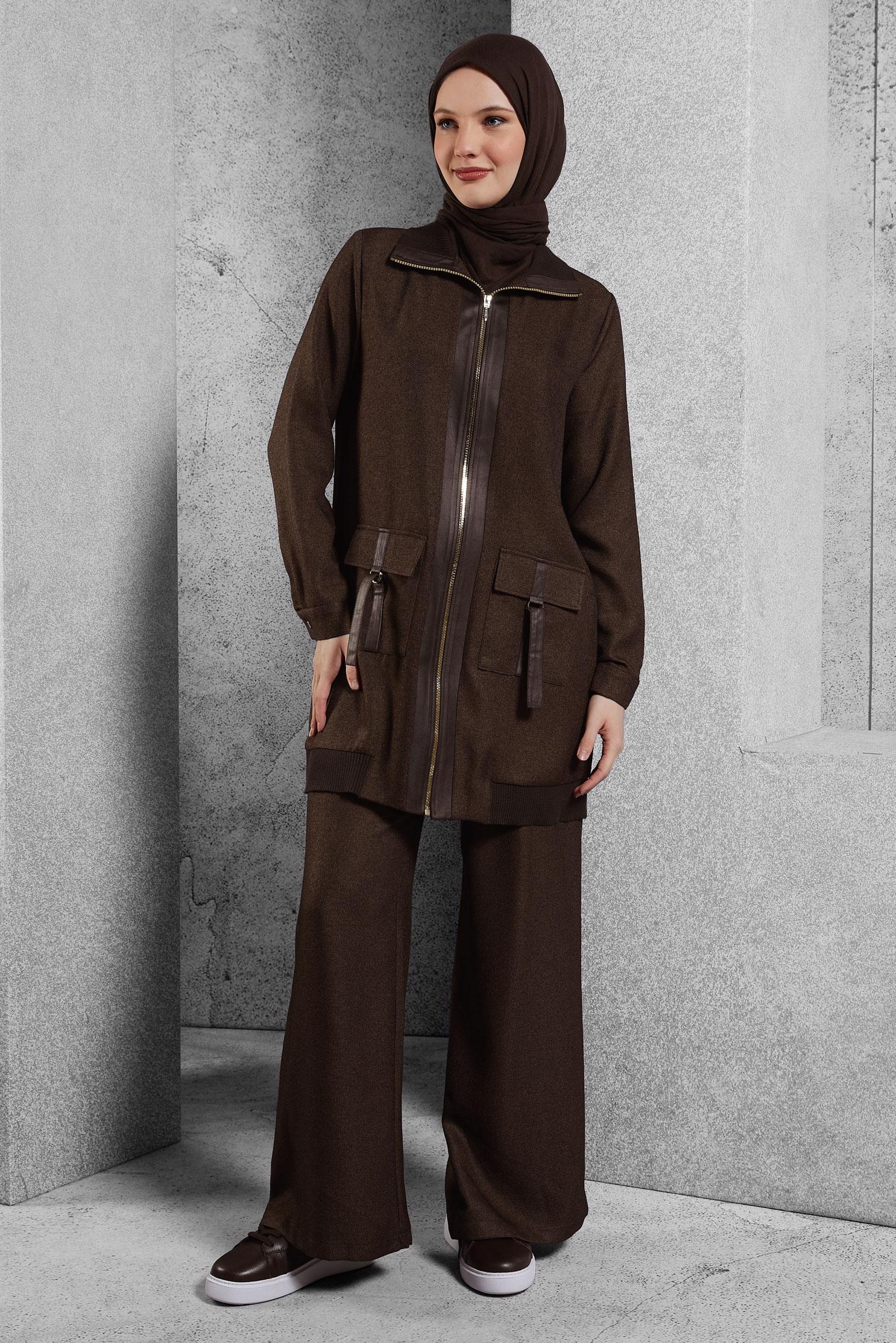 Tesettür giyim KAHVE FERMUARLI PANTOLONLU TAKIM 45174