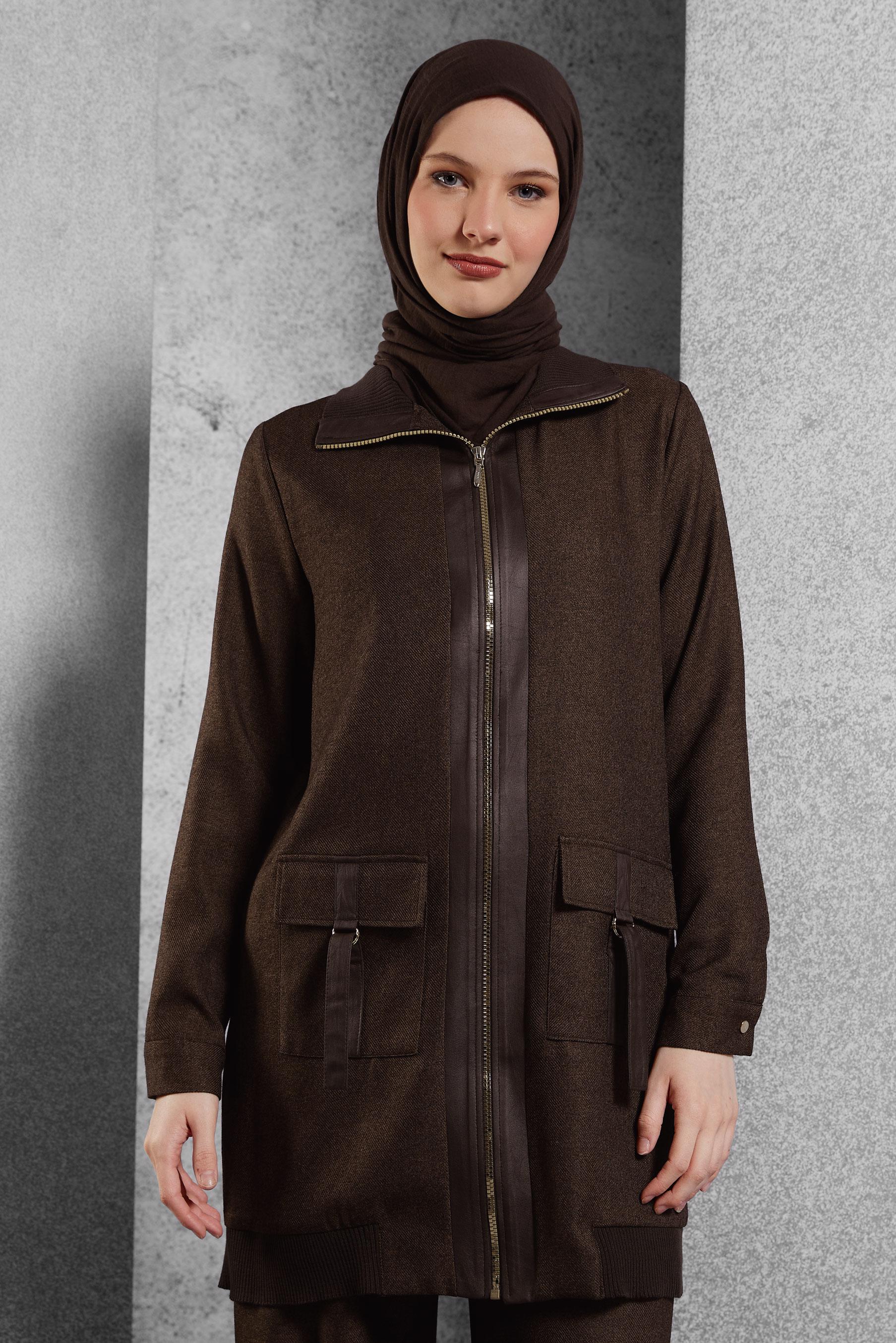 Tesettür giyim KAHVE FERMUARLI PANTOLONLU TAKIM 45174
