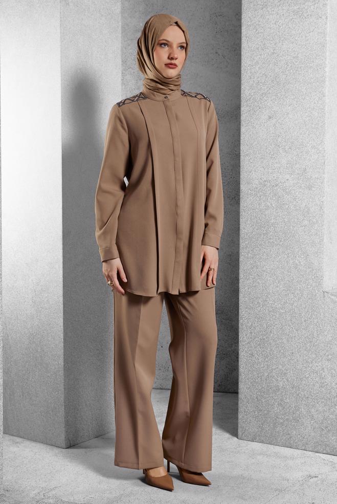 Hijab clothing BROWN GEM EMBROIDERED PANTS SUIT 45184 - ALVİNA
