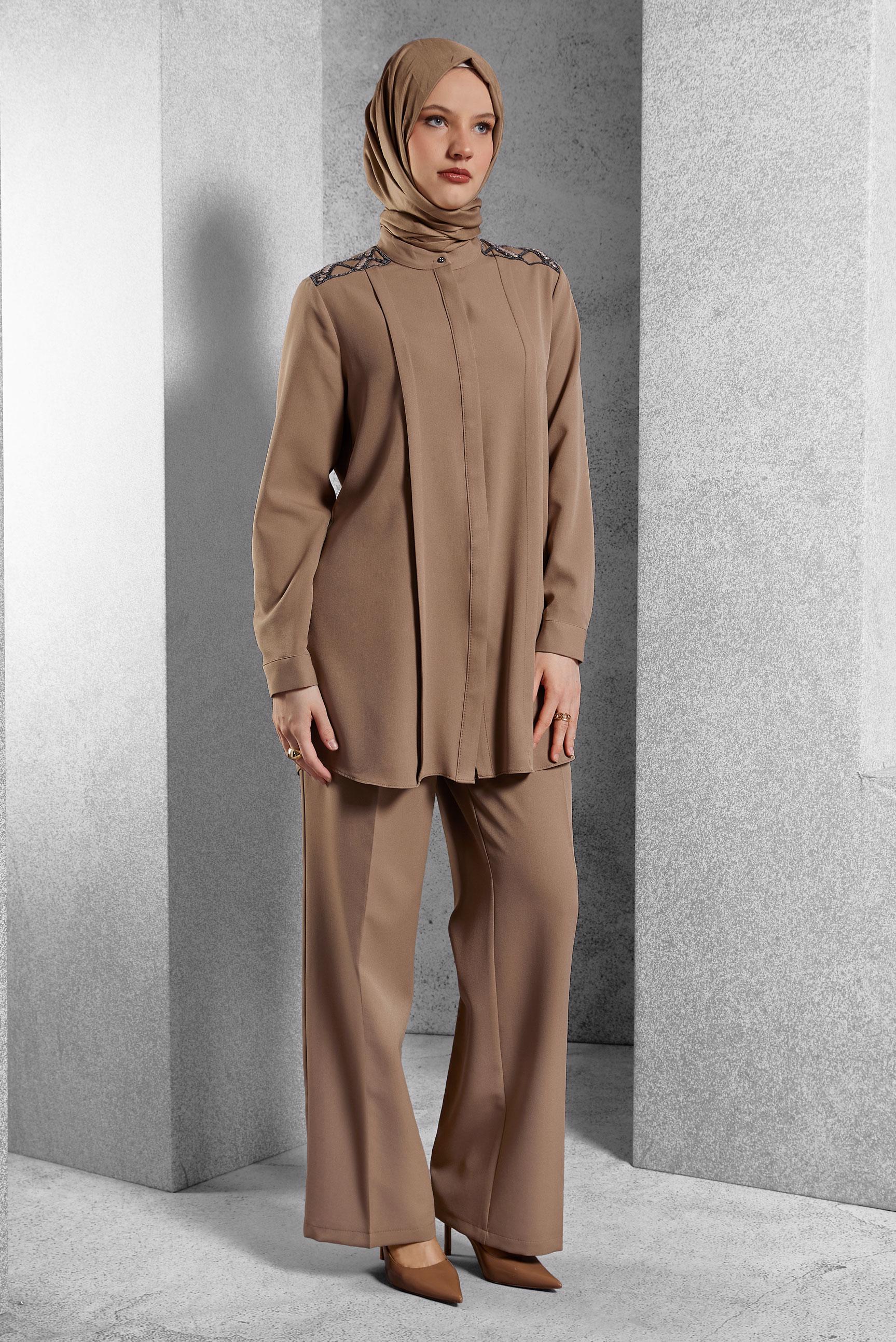 Hijab clothing BROWN GEM EMBROIDERED PANTS SUIT 45184