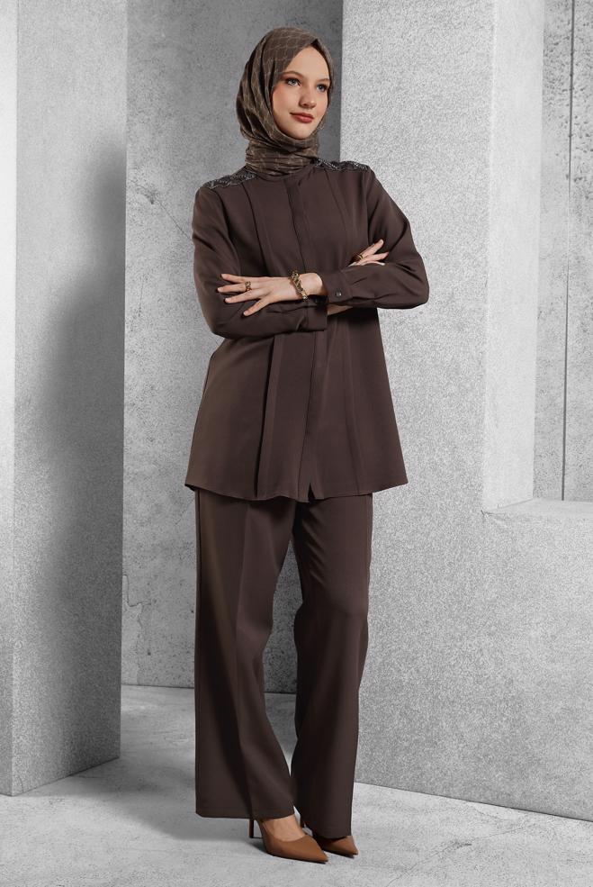 Hijab clothing BROWN GEM EMBROIDERED PANTS SUIT 45184 - ALVİNA