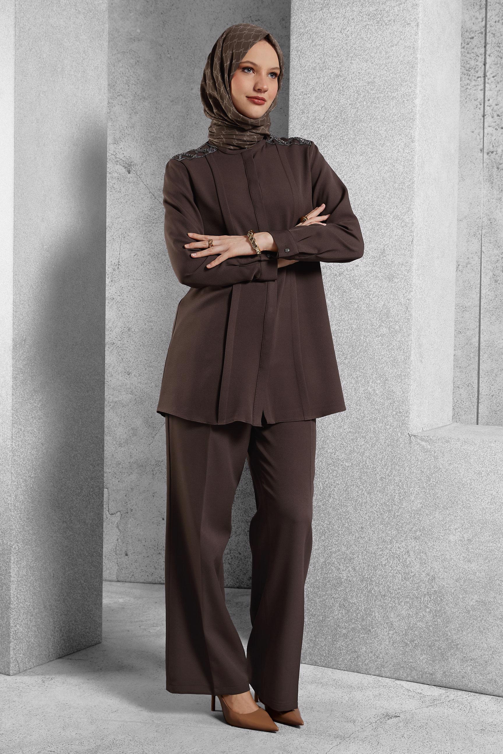Hijab clothing BROWN GEM EMBROIDERED PANTS SUIT 45184