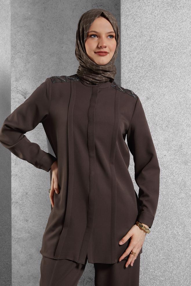Hijab clothing BROWN GEM EMBROIDERED PANTS SUIT 45184 - ALVİNA