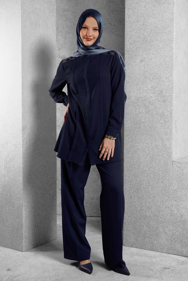 Hijab clothing NAVY BLUE GEM EMBROIDERED PANTS SUIT 45184 - ALVİNA