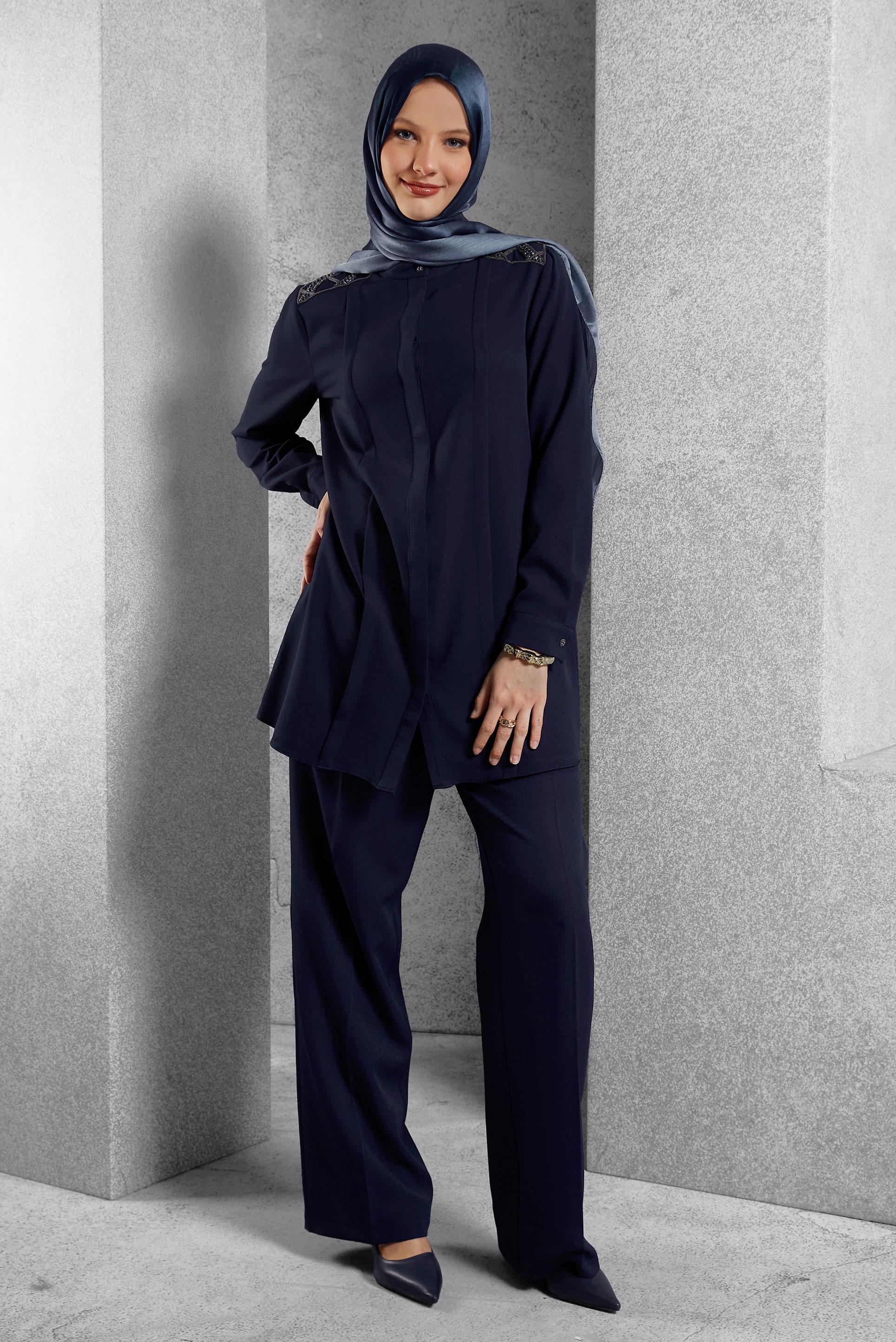 Hijab clothing NAVY BLUE GEM EMBROIDERED PANTS SUIT 45184