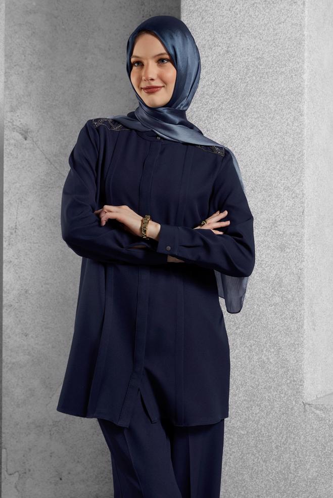 Hijab clothing NAVY BLUE GEM EMBROIDERED PANTS SUIT 45184 - ALVİNA