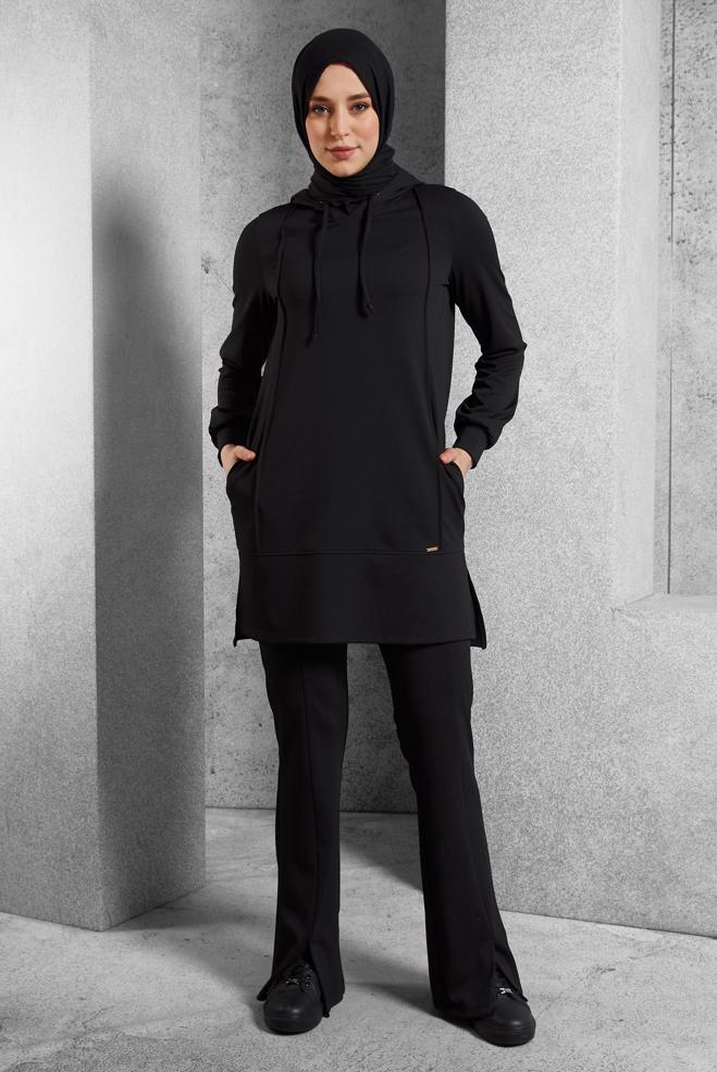 Hijab clothing BLACK HOODED PANTS SUIT 45214 - ALVİNA