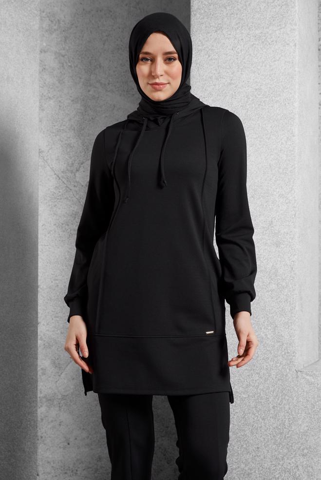 Hijab clothing BLACK HOODED PANTS SUIT 45214 - ALVİNA