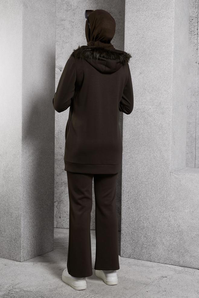 Hijab clothing BROWN HOODED PANTS SUIT 45217 - ALVİNA