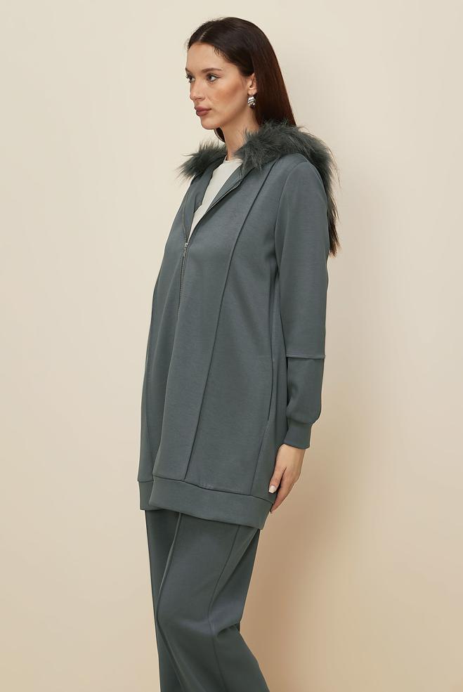 Tesettür giyim GRİ KÜRK DETAYLI PANTOLONLU TAKIM 45217 - ALVİNA