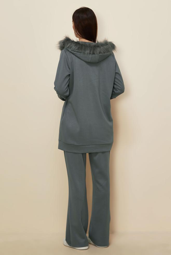 Tesettür giyim GRİ KÜRK DETAYLI PANTOLONLU TAKIM 45217 - ALVİNA