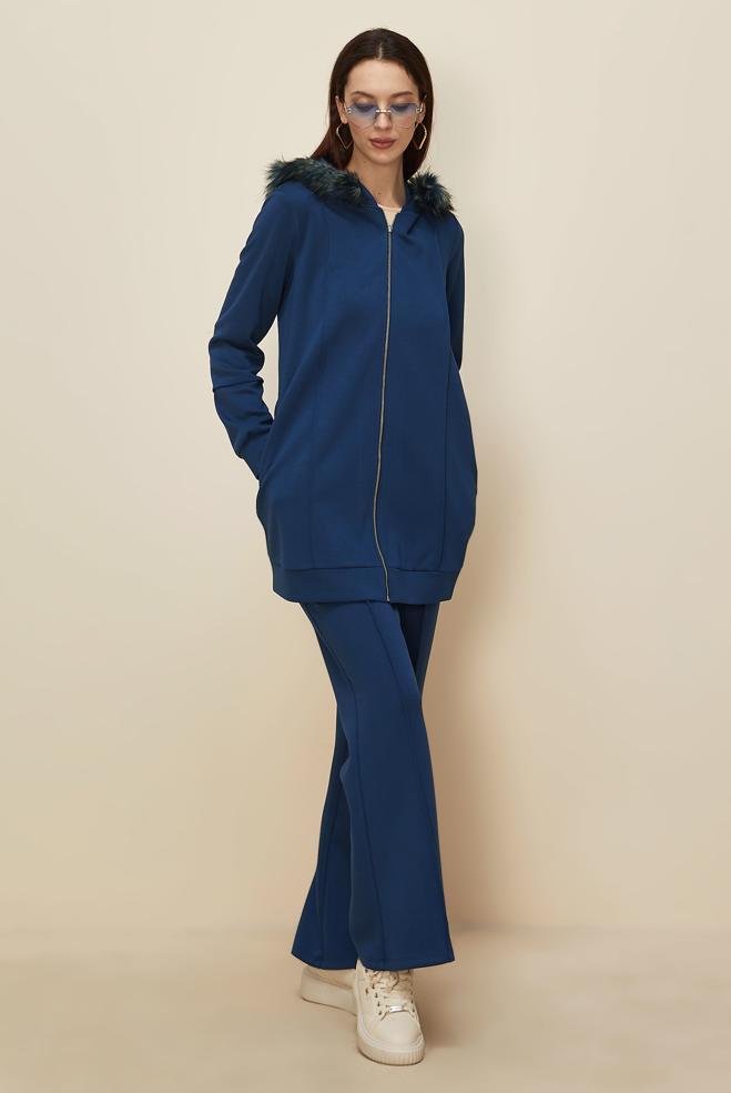 Tesettür giyim LACİVERT KÜRK DETAYLI PANTOLONLU TAKIM 45217 - ALVİNA