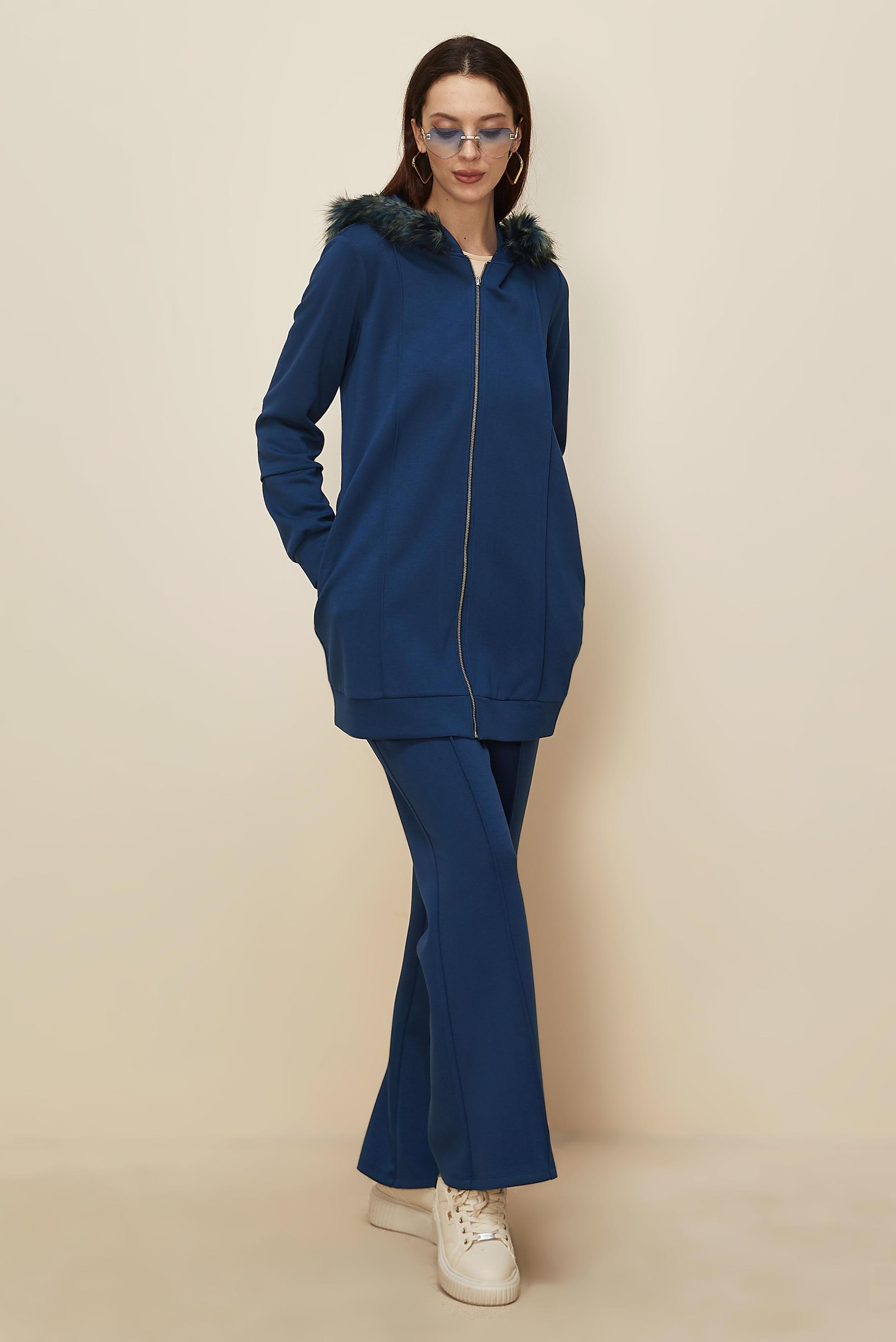 Tesettür giyim LACİVERT KÜRK DETAYLI PANTOLONLU TAKIM 45217