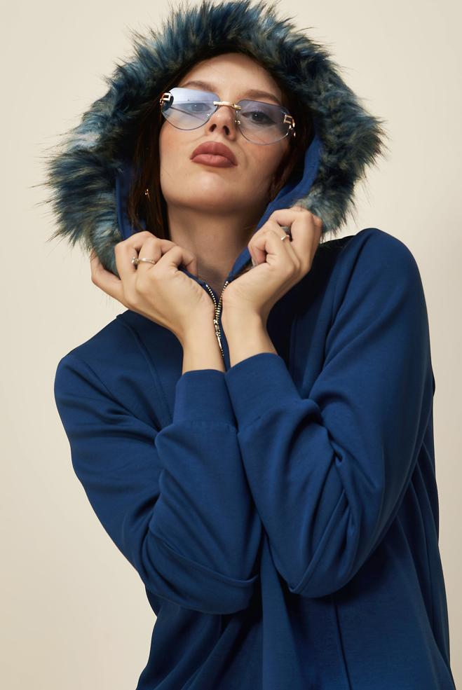 Tesettür giyim LACİVERT KÜRK DETAYLI PANTOLONLU TAKIM 45217 - ALVİNA