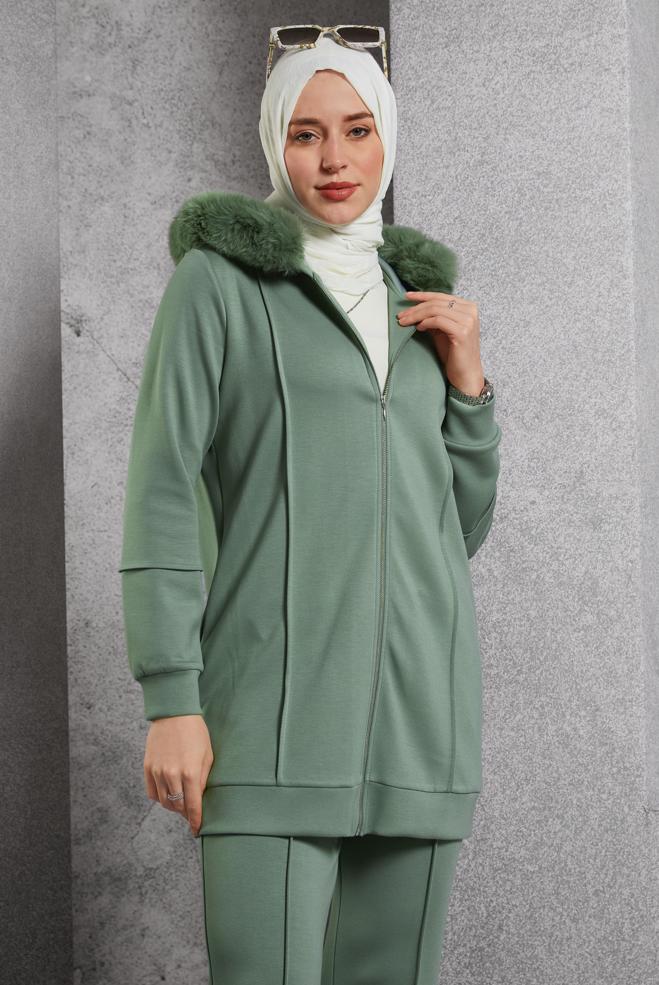 Hijab clothing GREEN HOODED PANTS SUIT 45217 - ALVİNA