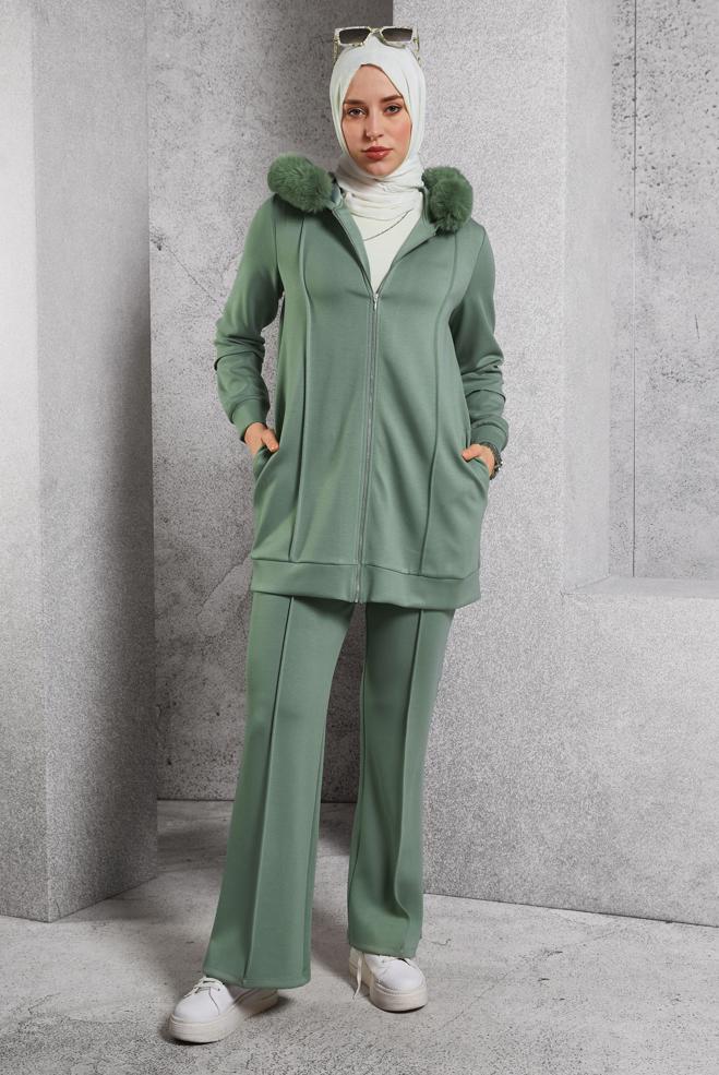 Hijab clothing GREEN HOODED PANTS SUIT 45217 - ALVİNA