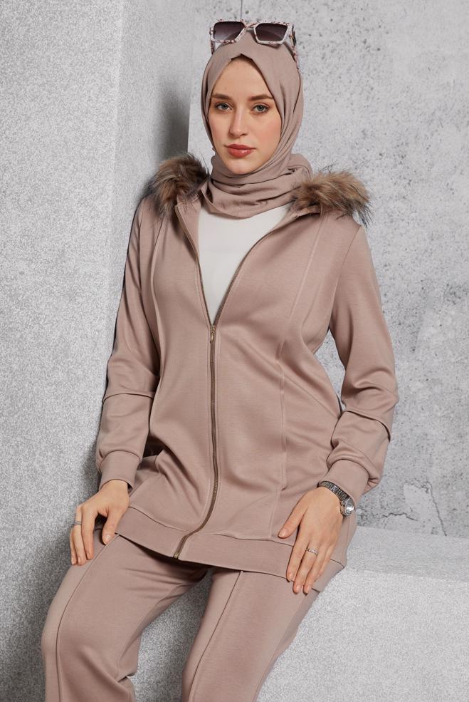 Hijab clothing BROWN HOODED PANTS SUIT 45217 - ALVİNA