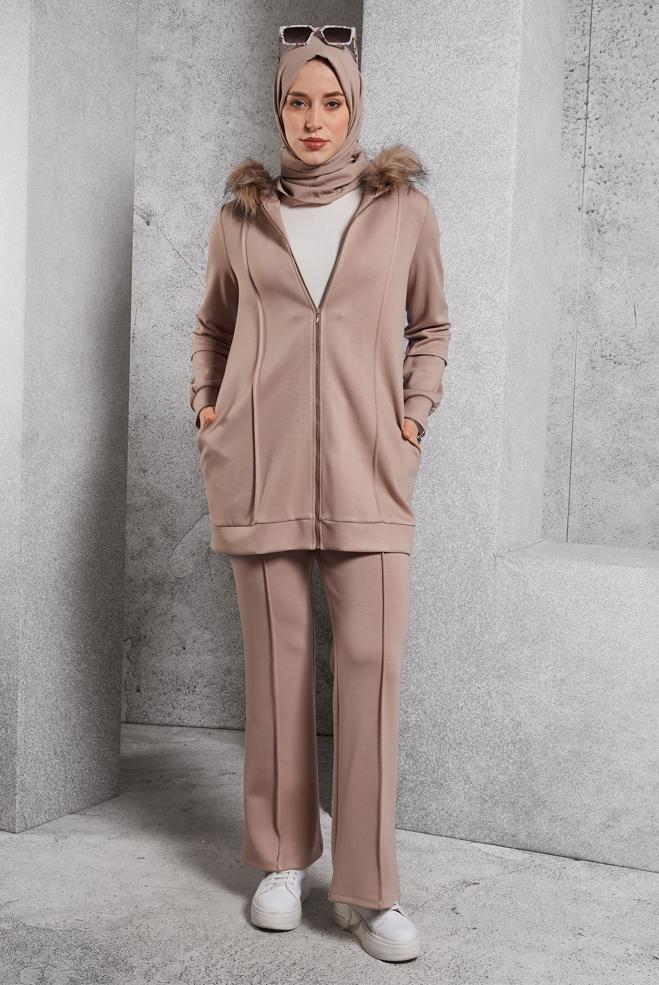Hijab clothing BROWN HOODED PANTS SUIT 45217 - ALVİNA