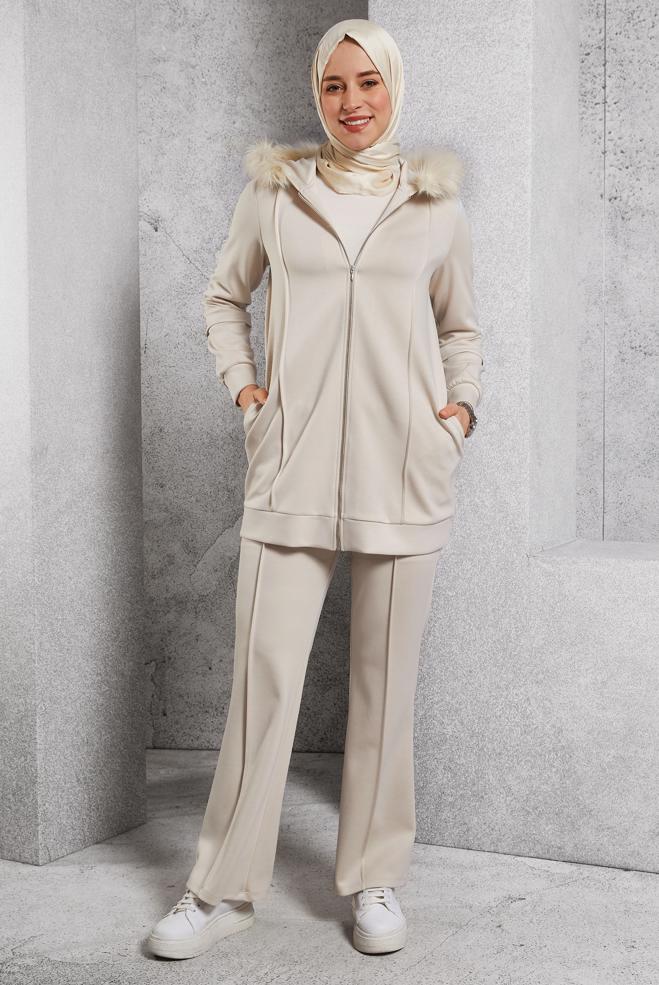 Hijab clothing ECRU HOODED PANTS SUIT 45217 - ALVİNA