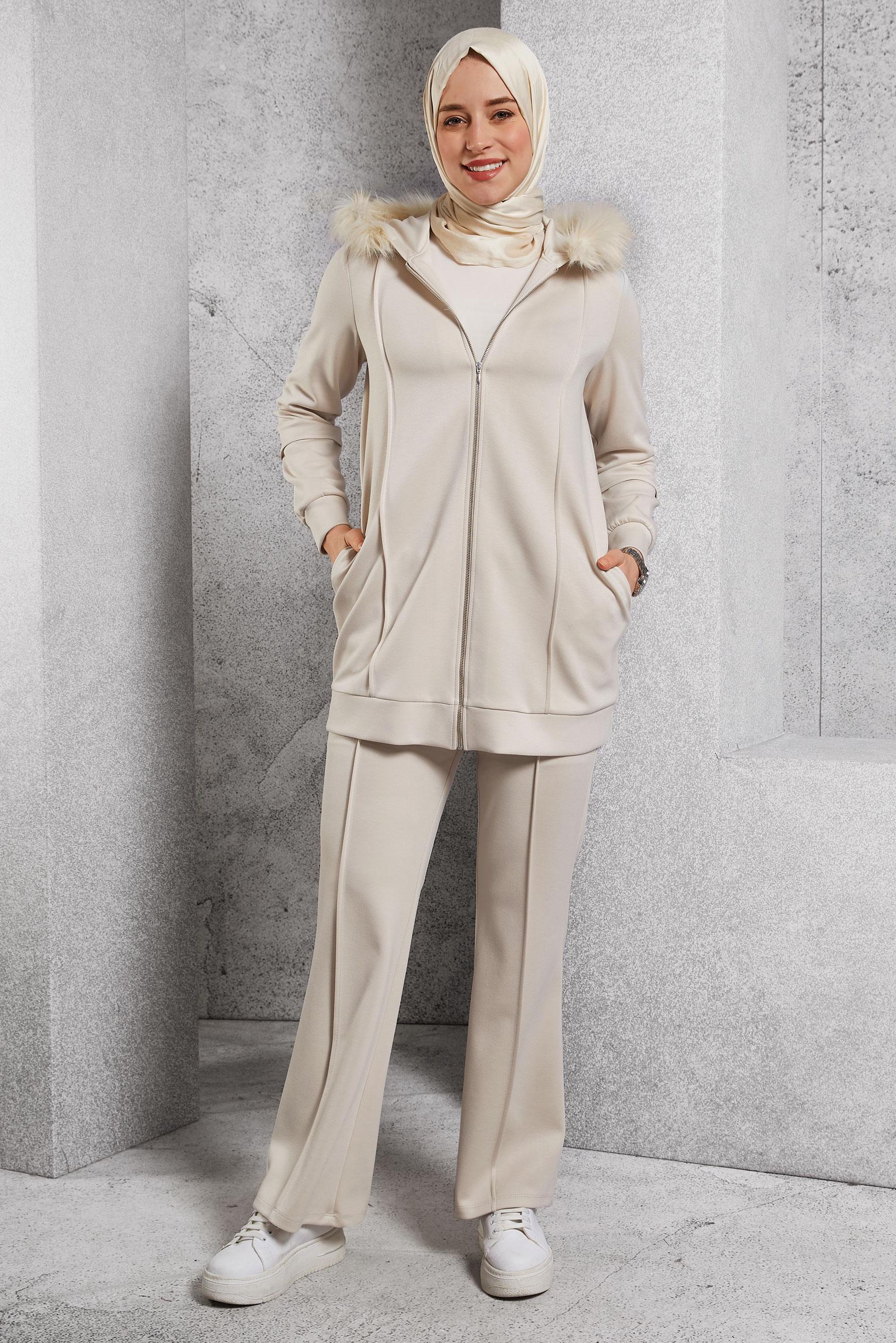 Hijab clothing ECRU HOODED PANTS SUIT 45217