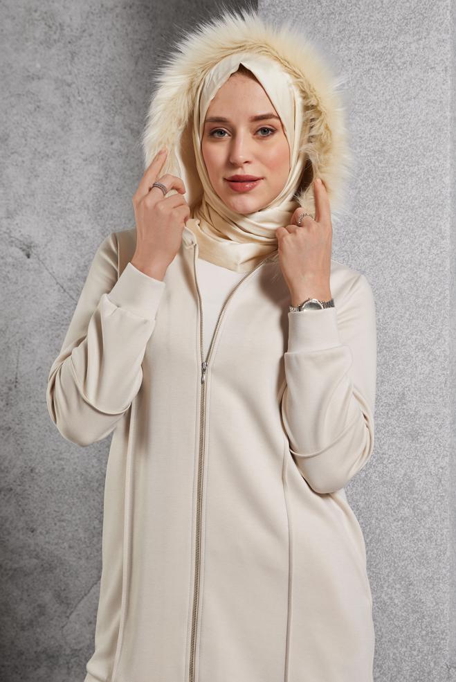 Hijab clothing ECRU HOODED PANTS SUIT 45217 - ALVİNA