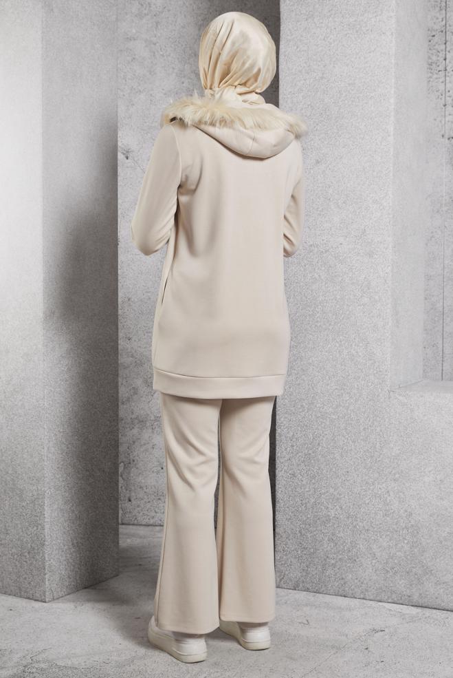 Hijab clothing ECRU HOODED PANTS SUIT 45217 - ALVİNA