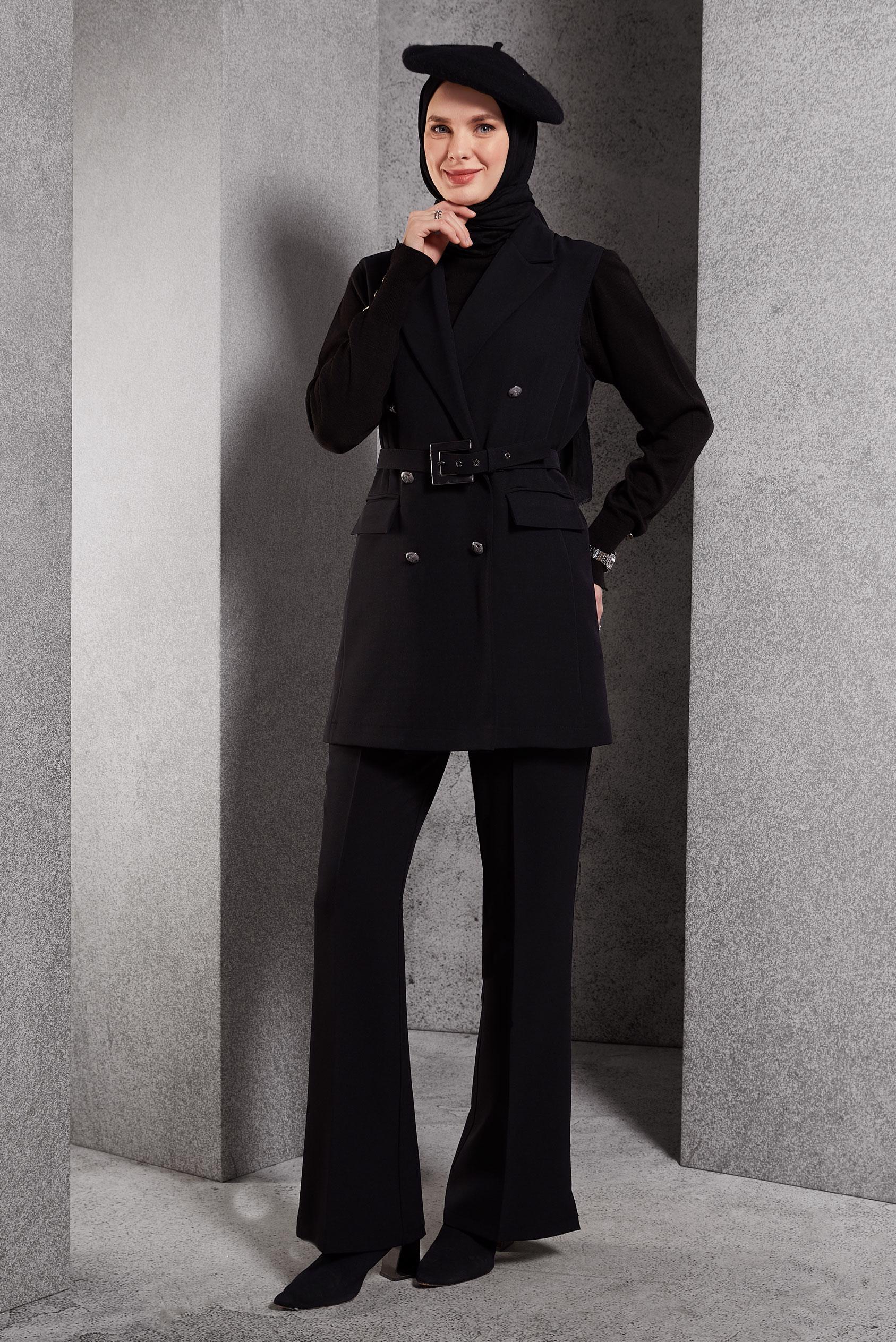 Tesettür giyim SİYAH KEMERLİ PANTOLONLU TAKIM 45233