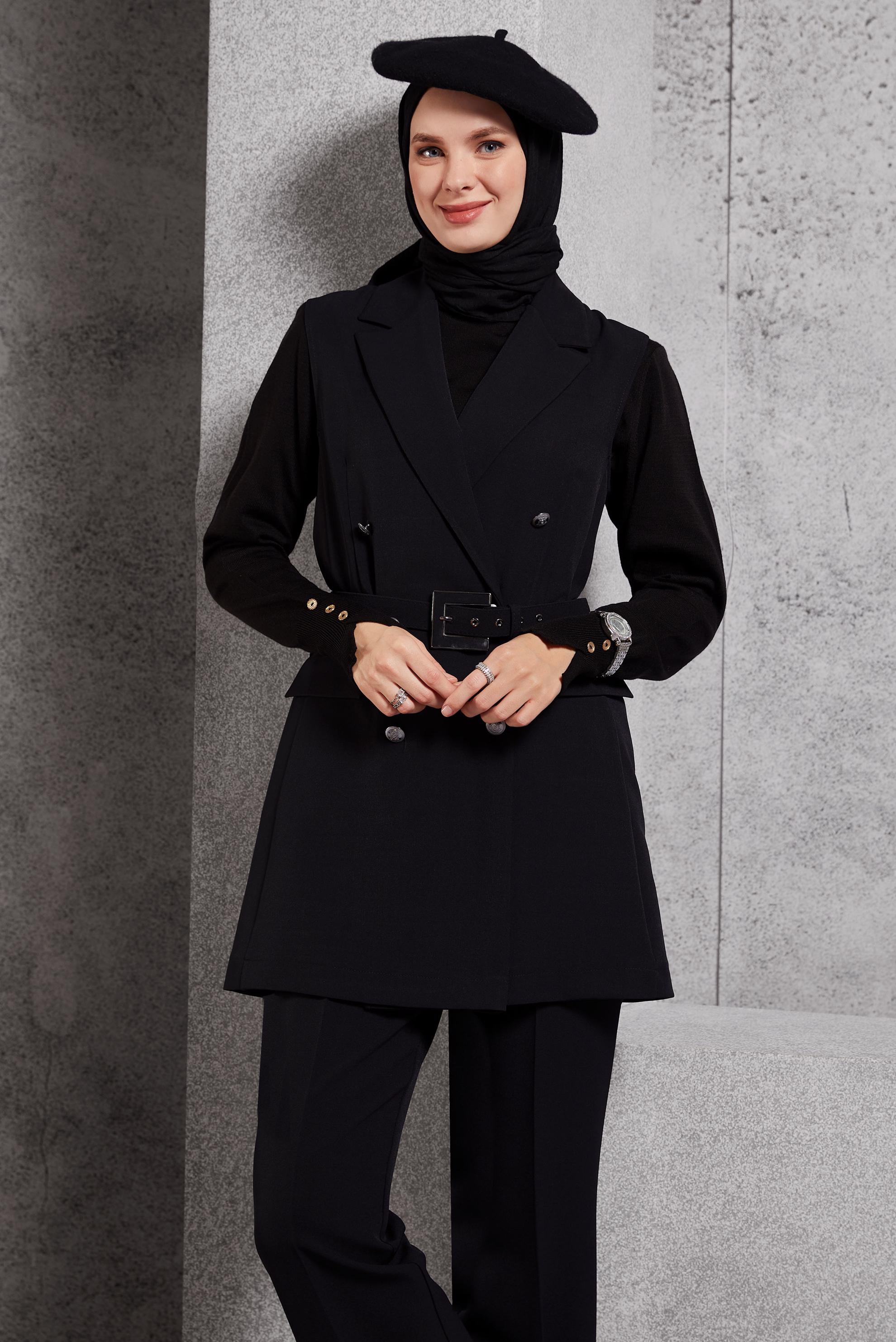 Tesettür giyim SİYAH KEMERLİ PANTOLONLU TAKIM 45233