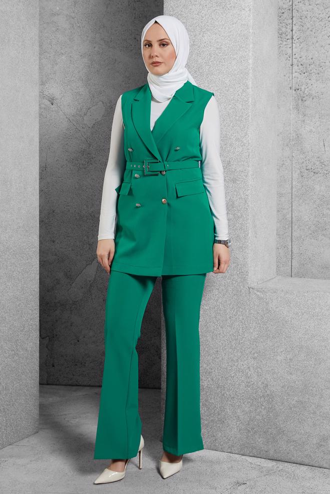 Hijab clothing GREEN BELTED PANTS SUIT 45233 - ALVİNA