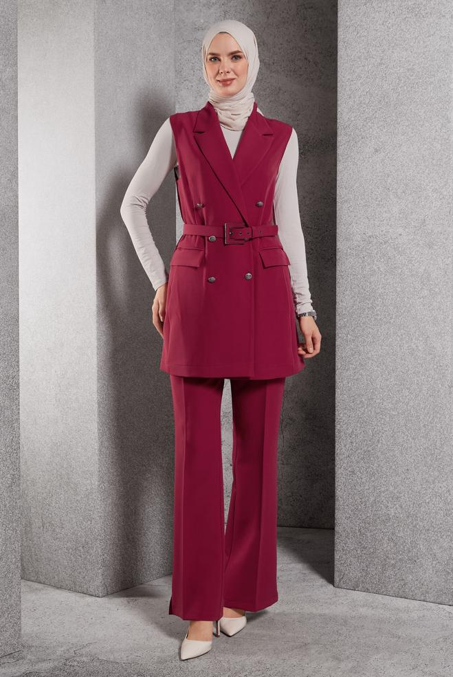 Tesettür giyim FUŞYA KEMERLİ PANTOLONLU TAKIM 45233 - ALVİNA