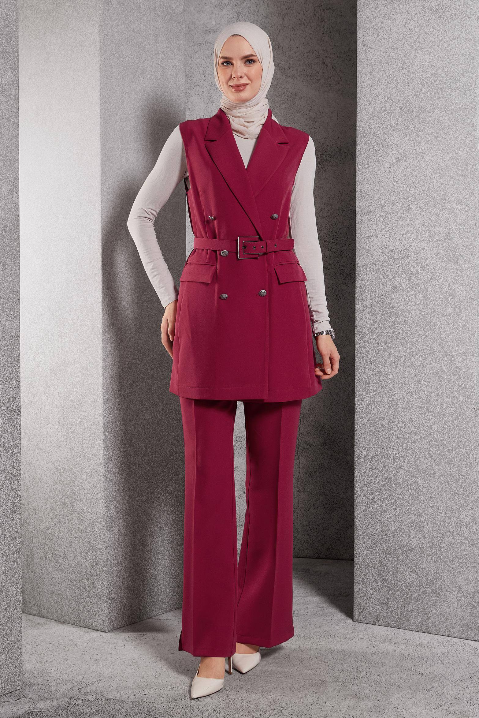 Tesettür giyim FUŞYA KEMERLİ PANTOLONLU TAKIM 45233