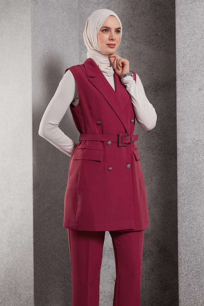Tesettür giyim FUŞYA KEMERLİ PANTOLONLU TAKIM 45233 - ALVİNA