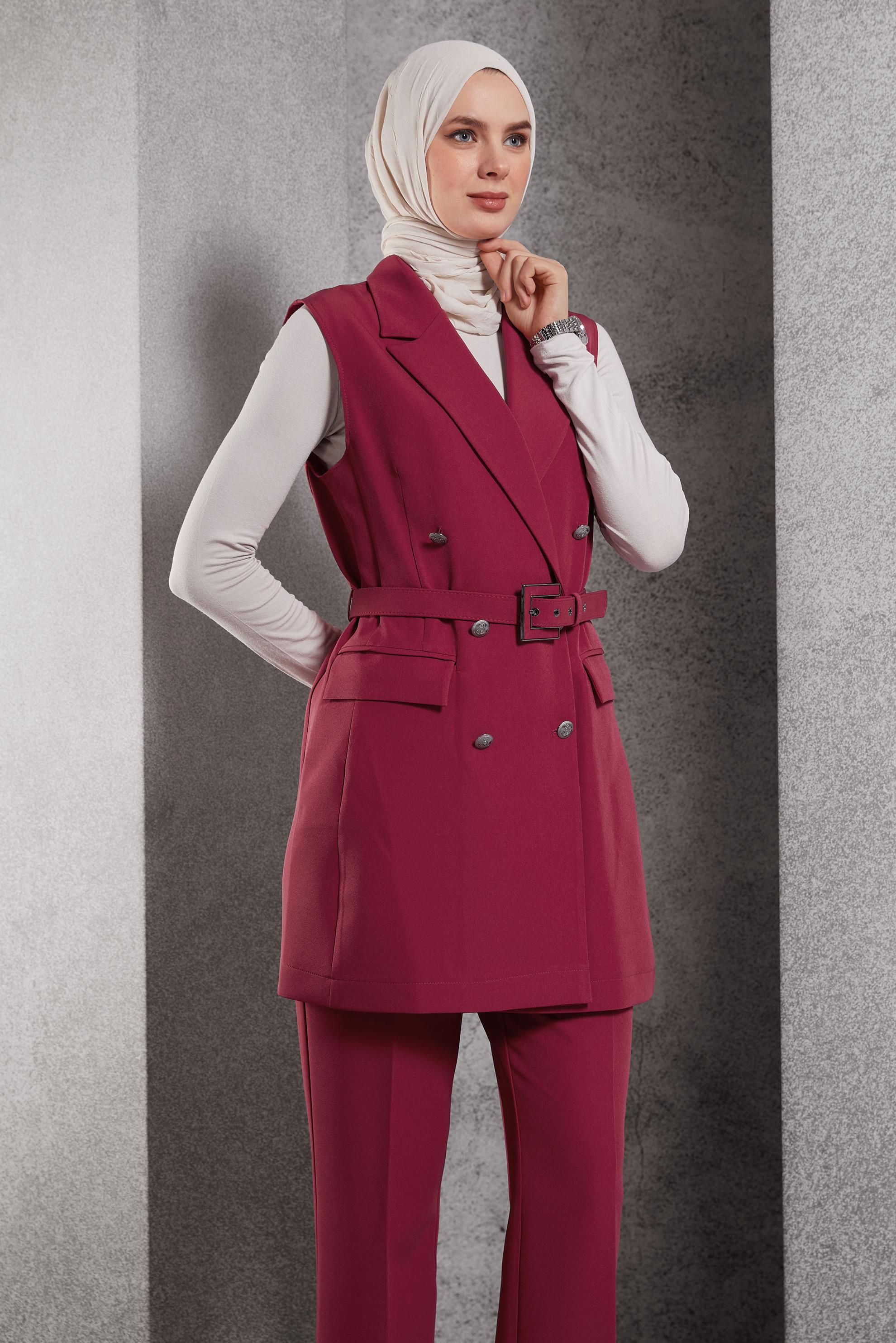 Tesettür giyim FUŞYA KEMERLİ PANTOLONLU TAKIM 45233