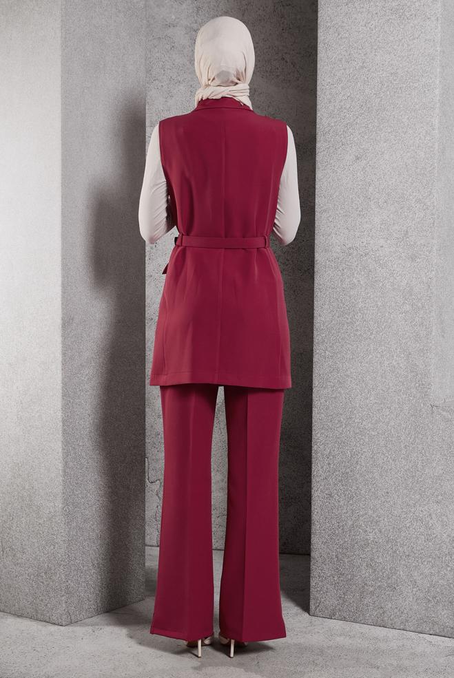 Tesettür giyim FUŞYA KEMERLİ PANTOLONLU TAKIM 45233 - ALVİNA