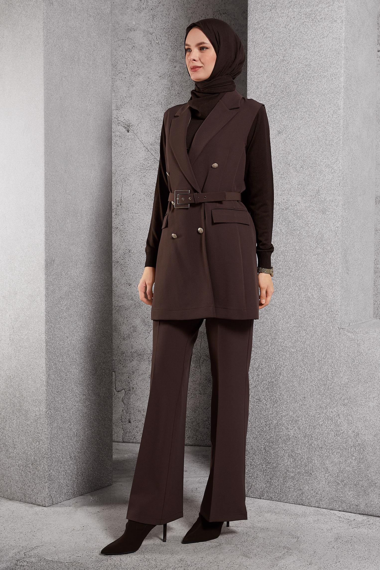 Tesettür giyim KAHVE KEMERLİ PANTOLONLU TAKIM 45233